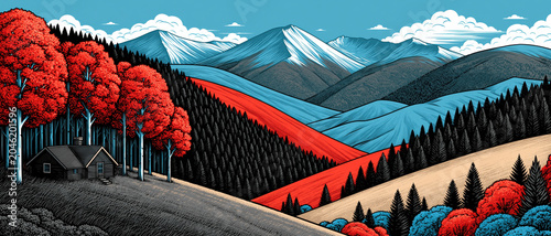 Red blue white landscape drawing mountain forest cabin tree snow peak valley panorama with bold color scenic nature art red foliage calm wilderness