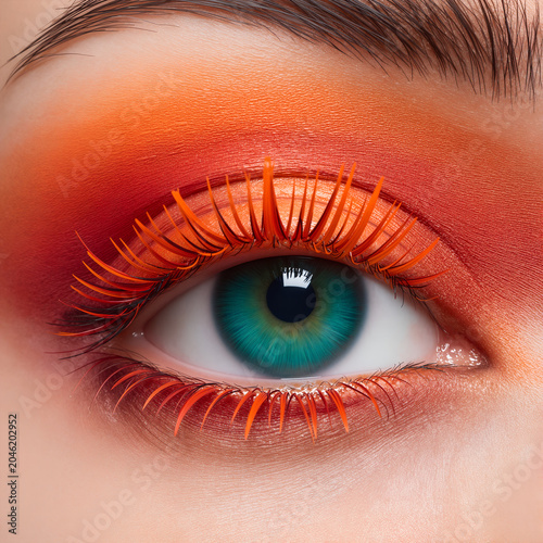 Vibrant Eye Makeup with Bold Orange Eyelashes and Striking Teal Iris