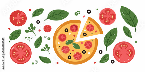 Foto Margherita Pizza Illustration With Tomatoes Olives And Basil Leaves