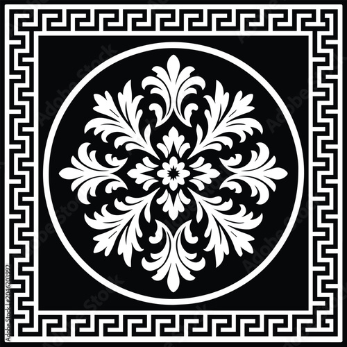 Elegant Damask Floral Ornament with Greek Key Border Black and White Vector Design