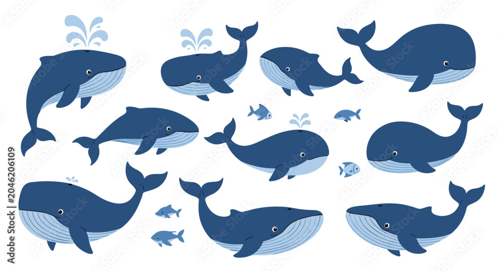 Fototapeta premium Large set of various blue whale illustrations in different poses and styles including some with water spouts.