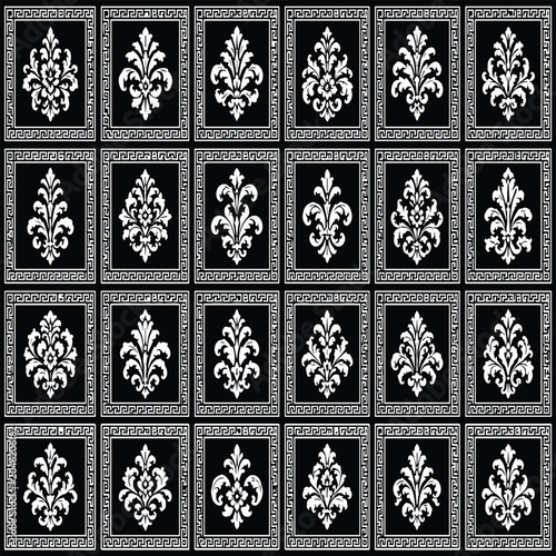 Elegant Damask Floral Ornament with Greek Key Border Black and White Vector Design