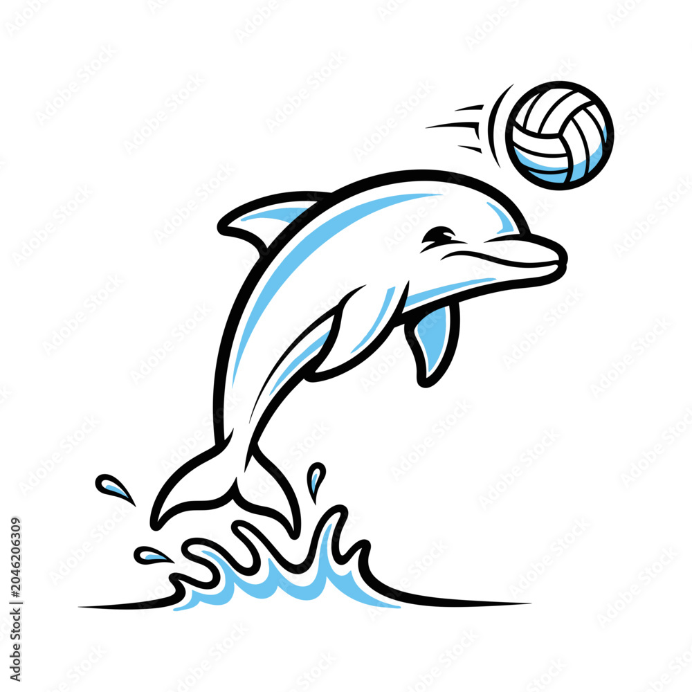 Obraz premium Playful Cartoon Dolphin Leaping with Volleyball and Water Splashes Vector
