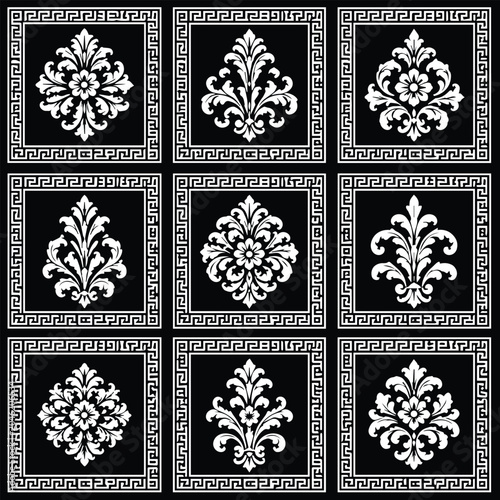 Elegant Damask Floral Ornament with Greek Key Border Black and White Vector Design