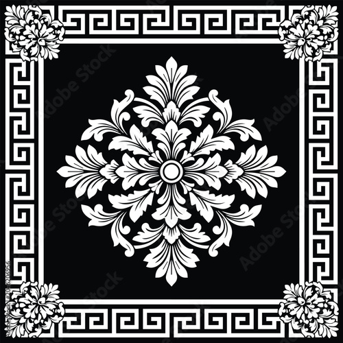 Elegant Damask Floral Ornament with Greek Key Border Black and White Vector Design