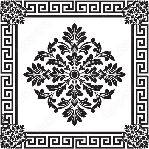 Elegant Damask Floral Ornament with Greek Key Border Black and White Vector Design