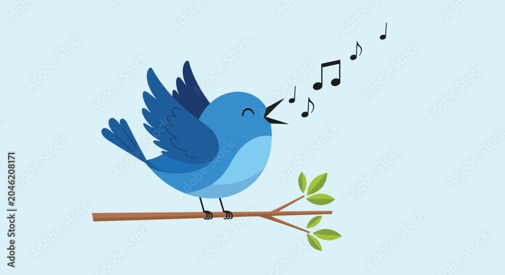 Fototapeta premium Little blue bird perched on a brown tree branch while singing musical notes that float in the air against a soft blue background light.