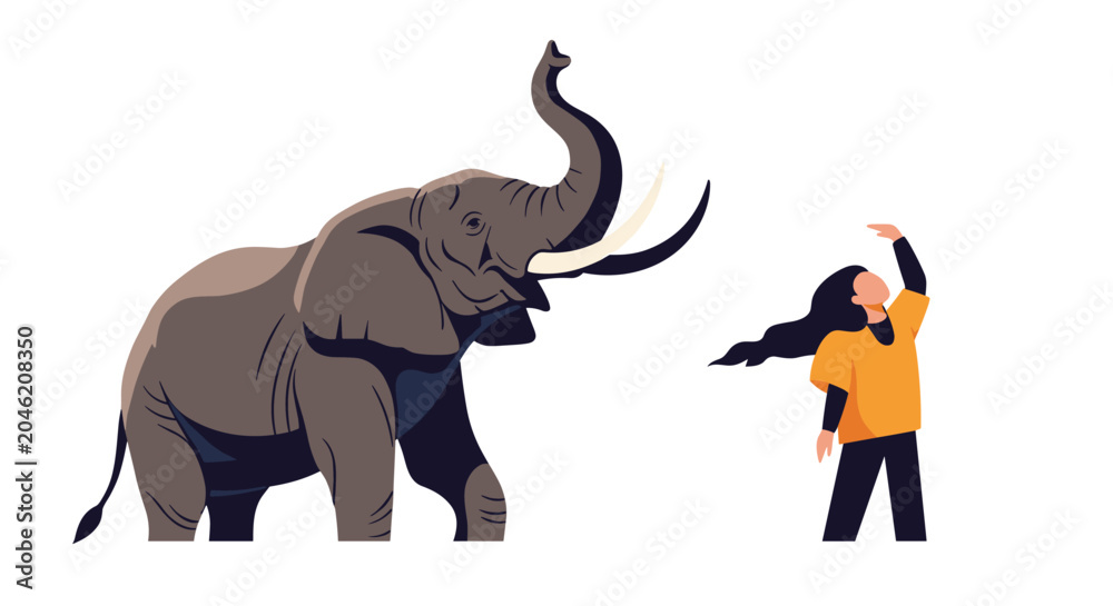 Obraz premium Large grey elephant standing next to a person reaching up towards its trunk in a symbolic illustration of connection between humans and nature.