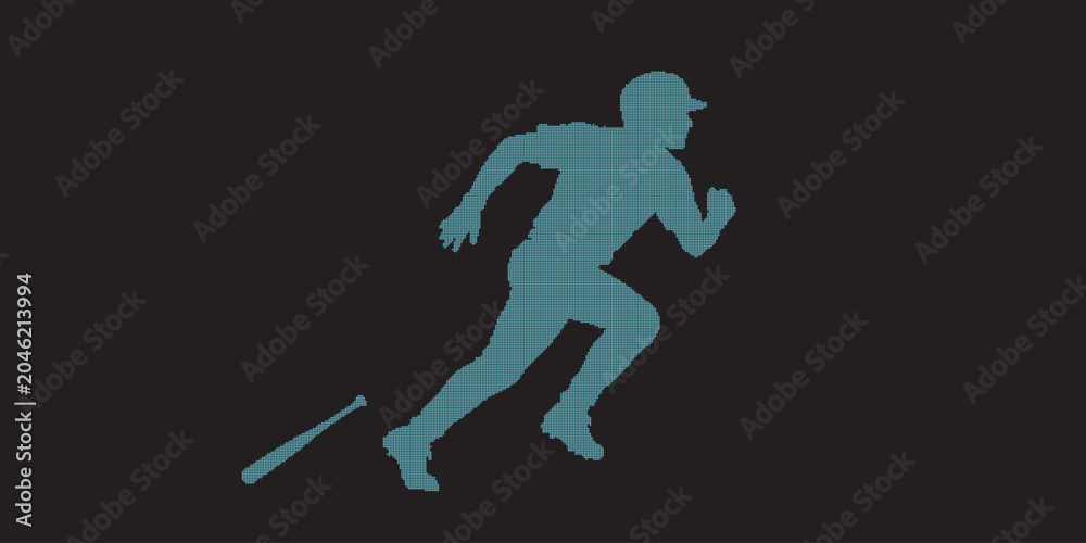 Fototapeta premium Baseball Player Running to Base Silhouette Vector EPS Illustration with Teal Digital Halftone Grid Pattern