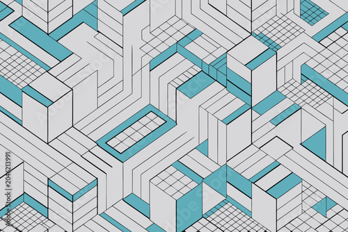 Quadro su tela Isometric abstract geometric background with line art and blue accents
