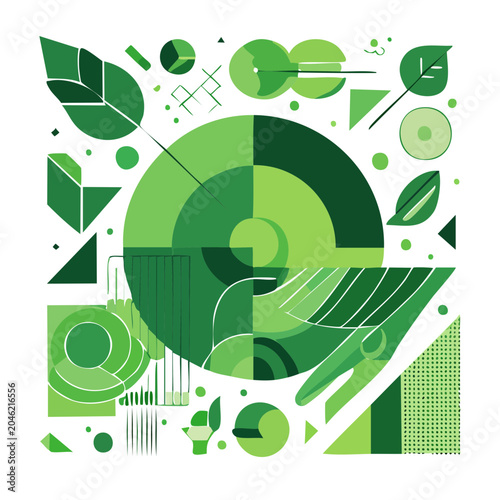 Abstract green geometric shapes with leaf motifs