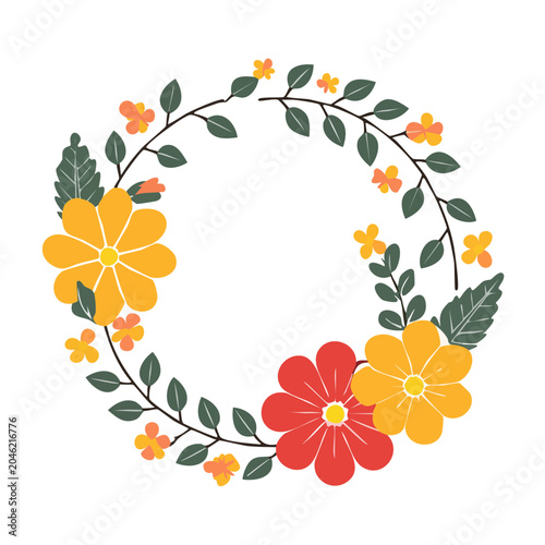 Flat design floral wreath with yellow and red flowers