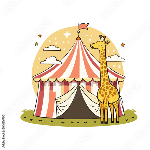 Cute cartoon giraffe standing by a striped circus tent