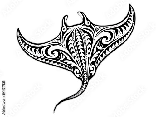 Polynesian manta ray vector illustration in tribal style, black and white with green accents, symbolic ocean guardian design for tattoo art