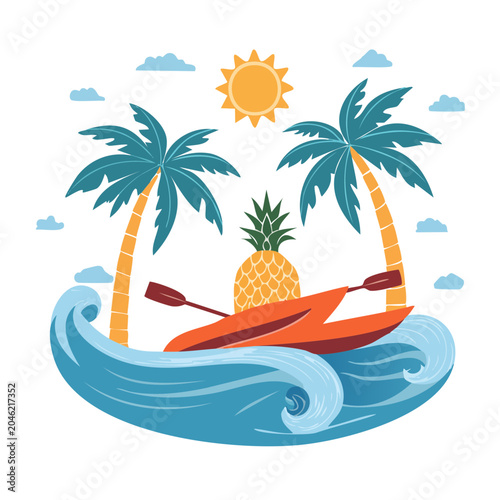 Summer kayak trip with pineapple and palm trees