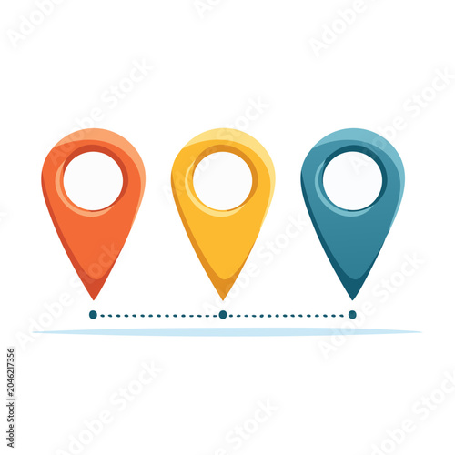 Three colorful location pins connected by a dotted line