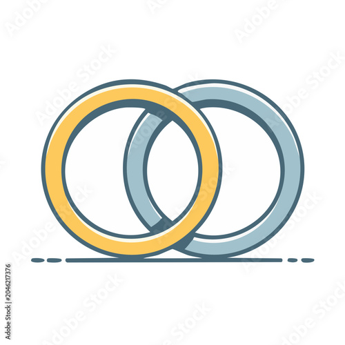 Two interlocking wedding rings, gold and silver, flat design