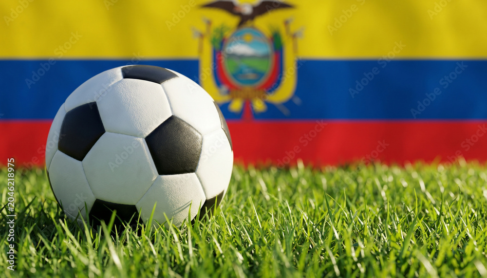 Naklejka premium Ecuador national football team soccer ball on lush green grass field with national flag background.