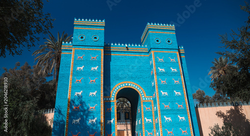 Exploring the Ishtar Gate in Babylon Iraq during clear blue skies