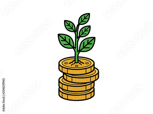 Green plant growing from a stack of gold coins isolated on a clean white background