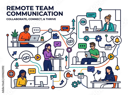 Remote team communication illustration showing diverse people working together using digital technology tools and cloud connectivity