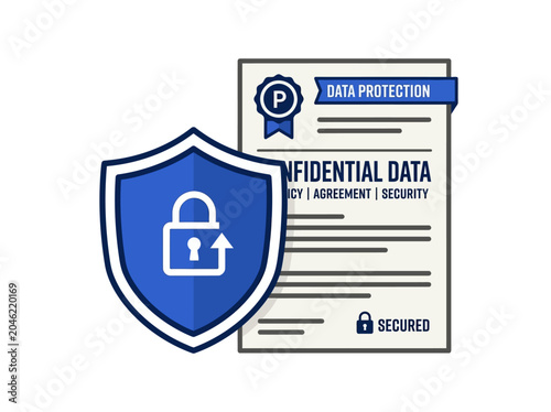 Data protection shield icon with a confidential document showing secure information and legal privacy policy agreement