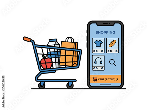 Shopping cart icon with groceries and smartphone display showing online mobile store application interface design concept