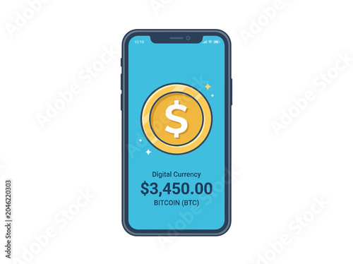 Smartphone displaying digital currency bitcoin coin symbol on a blue screen with modern flat vector design