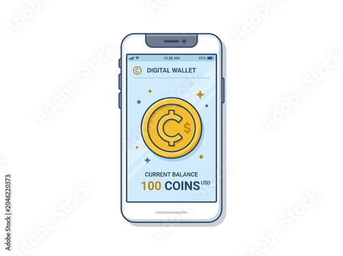 Smartphone displaying a digital wallet application interface showing a golden coin balance on a white background