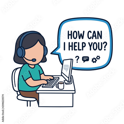 Customer support representative using headset for online service with speech bubble icon on white background