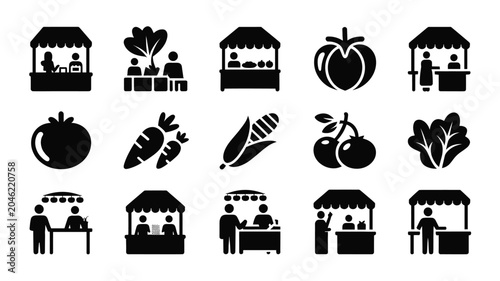 Slika na platnu Set of 15 Black Market Stall and Produce Icons Vector