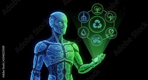 AI robot embraces a sustainable future green energy, recycling, and clean technology icons in a holographic display