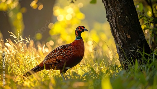 Majestic pheasant in golden light amidst lush greenery and woodland.