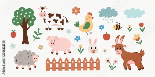 Cartoon farm animals illustration with sheep cow pig and goat
