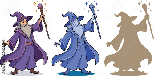 Old wizard magician cartoon character set with staff and hat in colorful and silhouette versions, fantasy sorcerer in flat design style for game, book, mascot and sticker use.