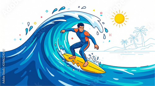 Surfer Riding a Big Wave with Tropical Palm Trees and Sun in the Background
