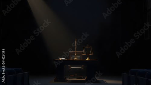 Lone Witness Stand Darkened Courtroom Single Dramatic Shaft Light Falling