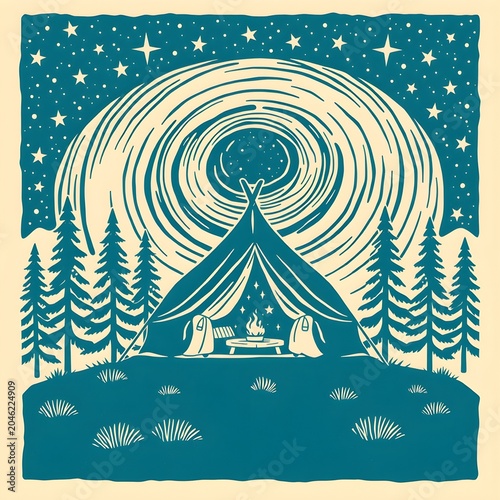 Linocut Illustration Cozy Camping Tent Beneath Swirl Stars Pines Bold