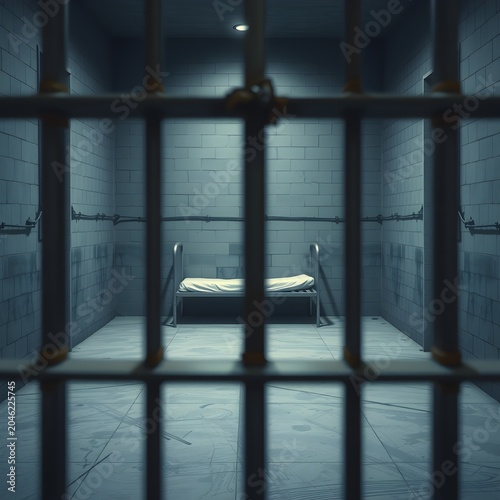 Empty Prison Cell Seen Past Blurred Iron Bars Foreground Bare