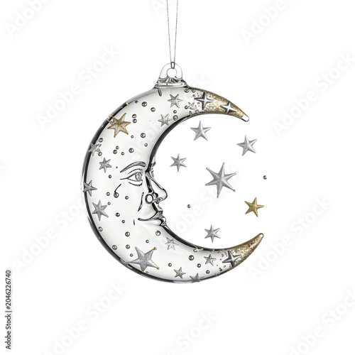 A beautiful crescent moon ornament with stars and a face on a white background Photo realistic image. png