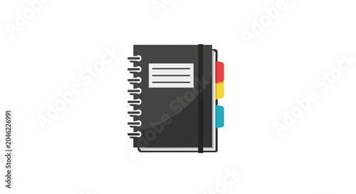 Black spiral bound notebook with colorful tabs.