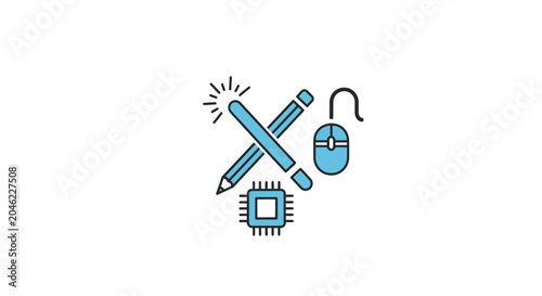 Blue icons of technology tools.
