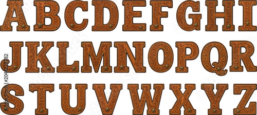 Decorative A to Z alphabet letters in tooled brown leather with western sheriff stars and brass stud details.