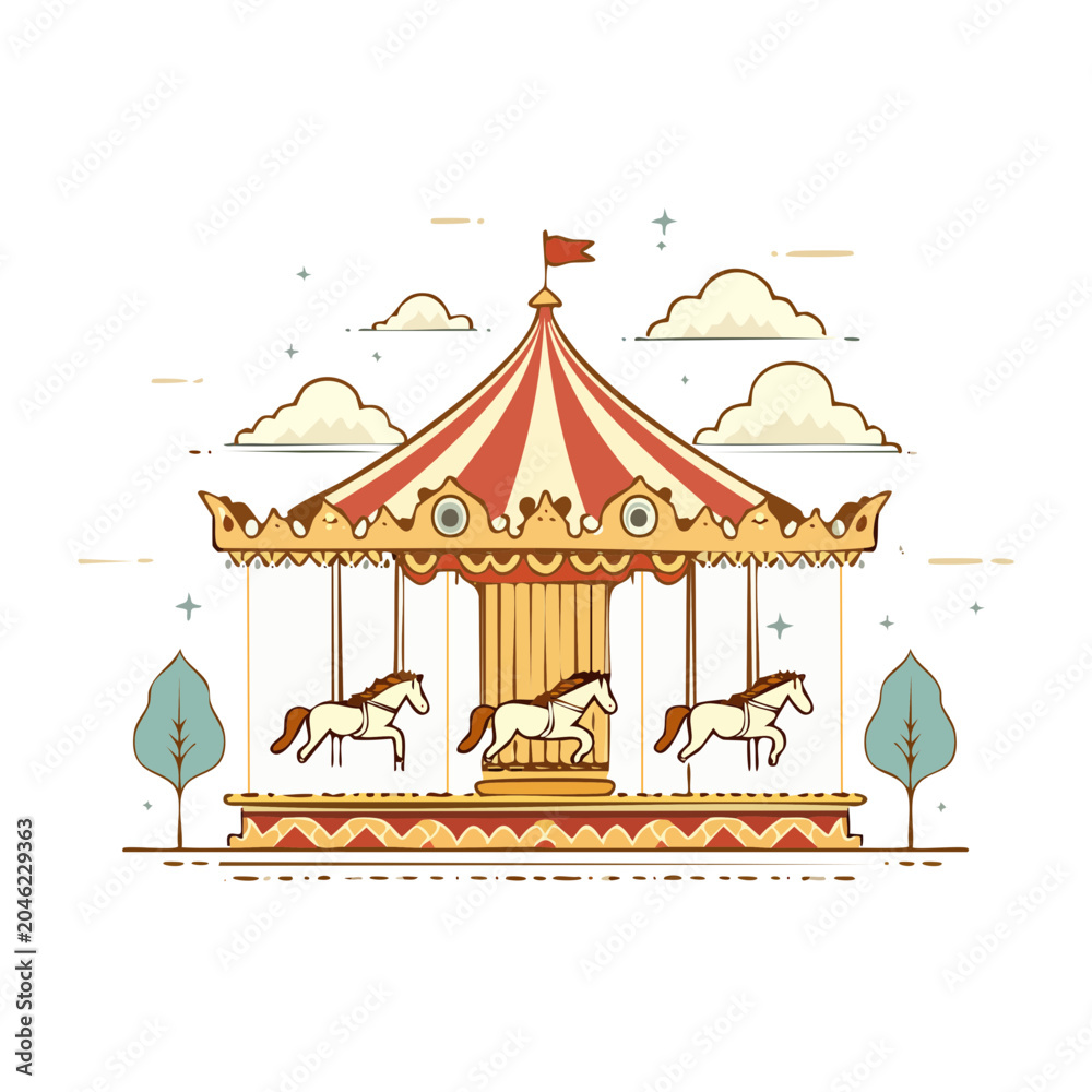 Naklejka premium Flat design carousel with horses and clouds