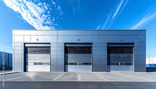 Modern Industrial Building with Three Garage Doors Under Blue Sky.