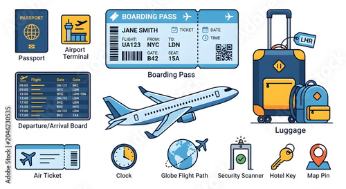 Collection of travel related items for airport and flight