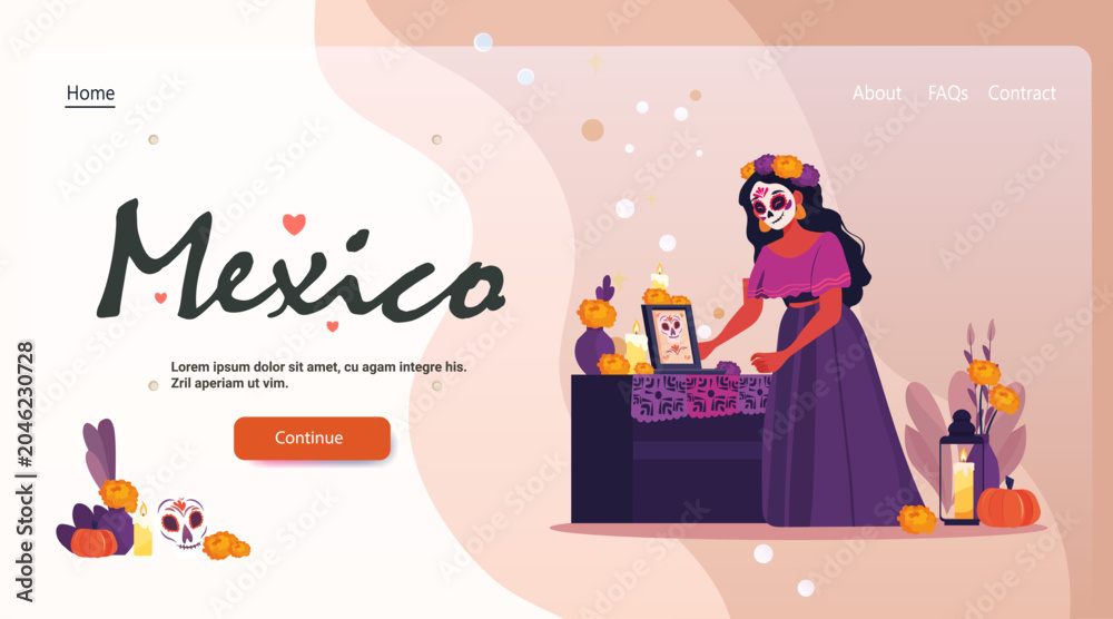 Obraz premium Day of the Dead altar woman marigolds candles sugar skulls traditional dress festive background website template