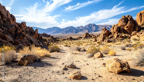 Scenic desert landscape with rock formations and distant mountains.