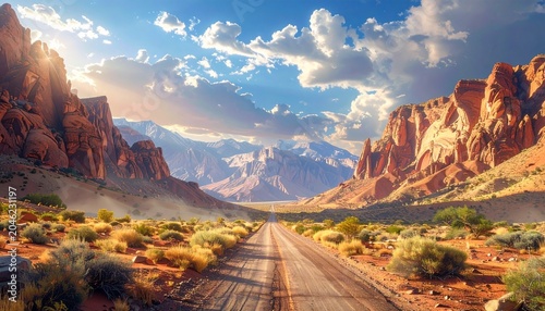 Scenic Desert Road Leading to Majestic Mountains Under a Cloudy Sky.