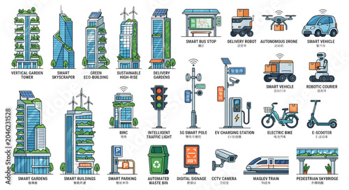 Collection of smart city technology icons and infrastructure elements